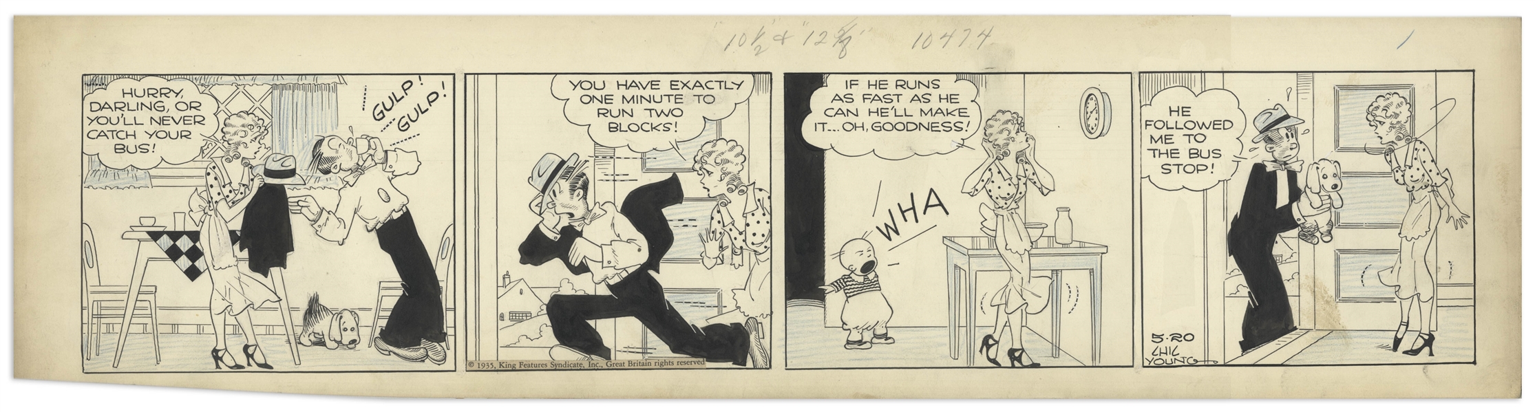 Chic Young Hand-Drawn ''Blondie'' Comic Strip From 1935 Titled ''Me and My Shadow'' -- Dagwood Runs Out the Door in the Morning